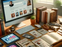 Schreibtisch eines Autors, ausgestattet für Buchmarketing, mit einem Computer, sozialen Medienprofilen, Werbematerialien, signierbereiten Büchern und einem Tablet mit Marketingplan.