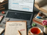 Schreibtisch eines Autors mit Notizen zu Charakterdialogen und stilistischen Entscheidungen, Laptop mit Texteditor und Bücher zu Schreibtechniken, begleitet von einer Tasse Tee.