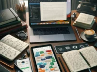 Autorenschreibtisch mit verschiedenen Schreib- und Planungstools, darunter ein Laptop mit Scrivener, ein Tablet mit Mind Mapping-App, Notizbücher, Grammarly auf einem Computerbildschirm und ein detaillierter Planer.