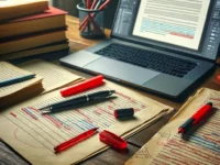 Schreibtisch eines Autors mit markierten Seiten eines Manuskripts, Laptop mit Bearbeitungssoftware und rotem Stift sowie Textmarker für Überarbeitungen.