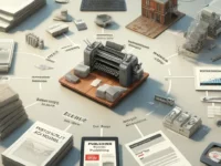 Umfassende Darstellung des Buchveröffentlichungsprozesses mit Dokumenten zu Verlagswegen, Manuskriptentwürfen, einem Druckpressenmodell und einem Tablet, das Vertriebskanäle zeigt.