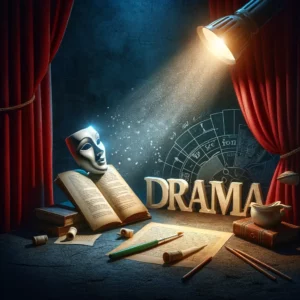 Konzeptbild, das das Genre Drama darstellt, mit einem klassischen Theatermasken, einem Skript und einem dramatischen roten Vorhang in einem theatralischen Setting.