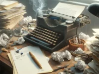Chaotischer Schreibtisch eines Schriftstellers mit verstreuten Papieren und einer Schreibmaschine, symbolisch für Schreibblockaden.